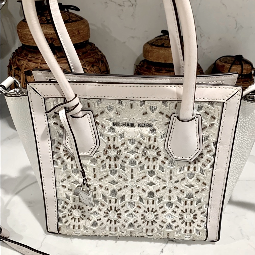 Michael Kors White purse with Silver Flowers
